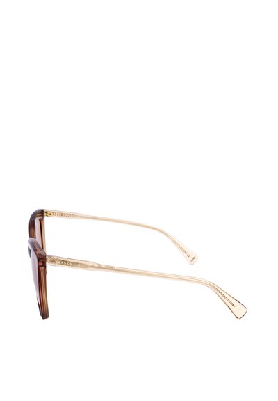 Montatura per occhiali rettangolare marrone con sottili aste beige trasparenti, mostrata di lato su sfondo bianco.