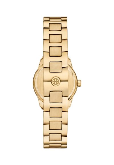 Gold metal link bracelet watch viewed from the back, showing a round case, side crown, and logo on the clasp.