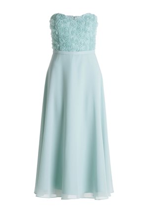 Mintgrøn aftenkjole med en struktureret blomsterbustier, stropløst design og en flydende chiffon nederdel med en glat finish.