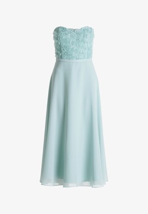 Mintgrøn aftenkjole med en struktureret blomsterbustier, stropløst design og en flydende chiffon nederdel med en glat finish.