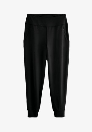 Pantalons de jogging noirs en tissu lisse avec une large taille et deux poches latérales zippées, avec des jambes fuselées se terminant par des poignets.