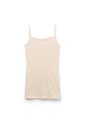 Beige damesmouwloze hemd met dunne bandjes, plat gelegd op een witte achtergrond.