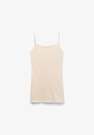 Beżowy damski top na cienkich ramiączkach bez rękawów, rozłożony na płasko na białym tle.
