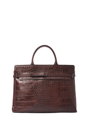 Dark brown leather handbag with crocodile texture, single top handle, and a slim horizontal strap with a metallic buckle on the front.