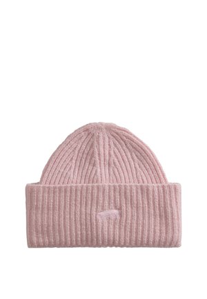 Rosa strikket beanie med ribbet tekstur og foldet kant, med en lille broderet detalje på den forreste kant.