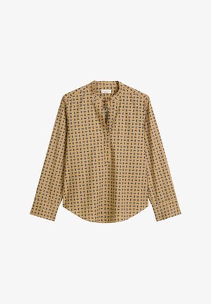 Yellow long-sleeve shirt with a rounded neckline, featuring a repeated dark blue geometric pattern, soft fabric, and a relaxed silhouette.
