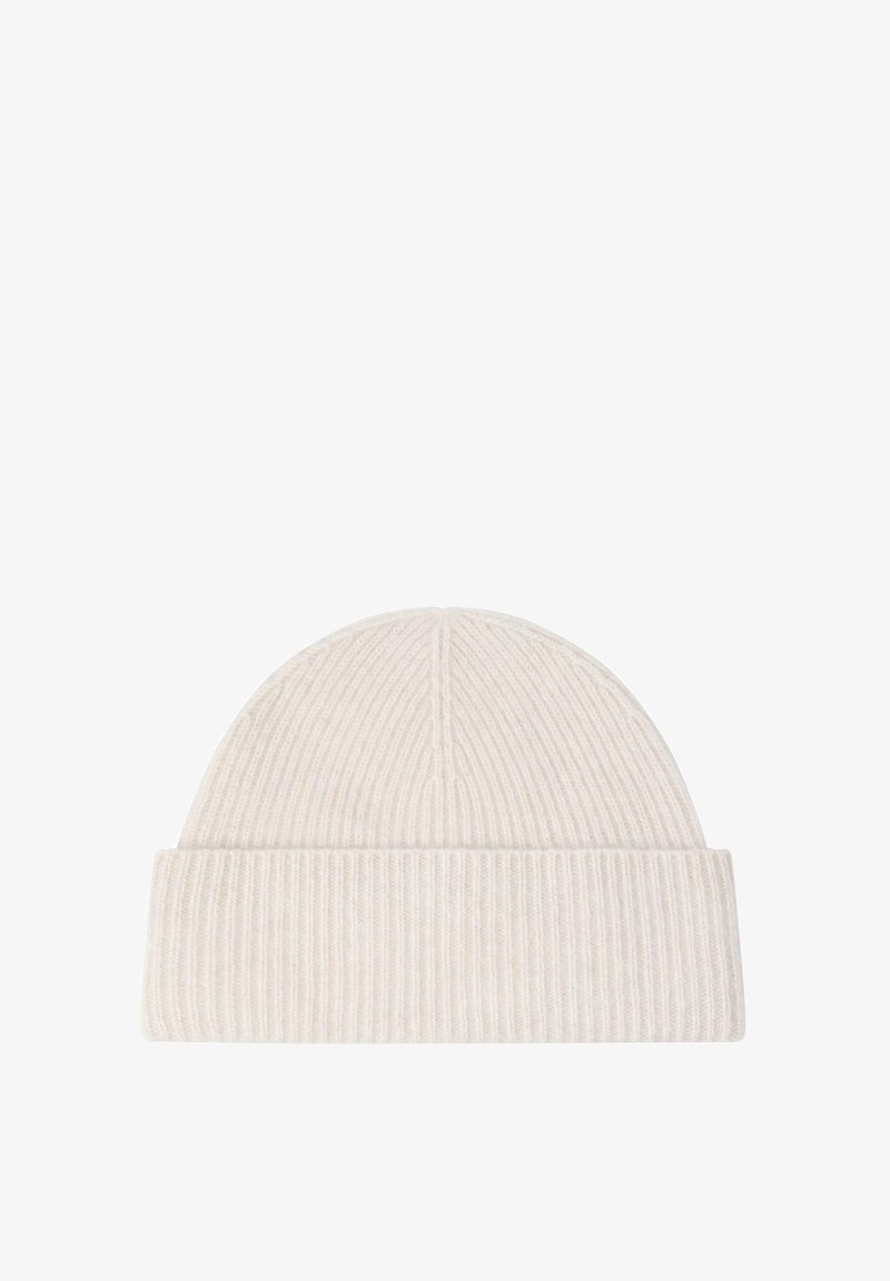 Beżowa, prążkowana czapka z mankietem, wykonana z miękkiego materiału, z pionowymi liniami i bezszwowym wzorem na czubku.