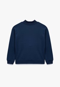 Felpa blu navy con collo e polsini a coste e texture. Tessuto liscio, vestibilità comoda, senza decorazioni visibili e maniche lunghe.