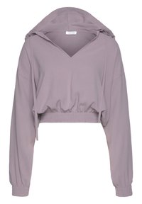 Lila hoodie med V-ringning och långa ärmar. Har elastisk fåll och ärmslut, tillverkad av mjukt tyg med en avslappnad passform. Dragsnören vid huvan.