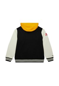 Schwarz-weißer Kapuzenpullover mit gelber Kapuze. Mit gestreiften Bündchen und Saum, Logo am Arm und weichem Stoff.