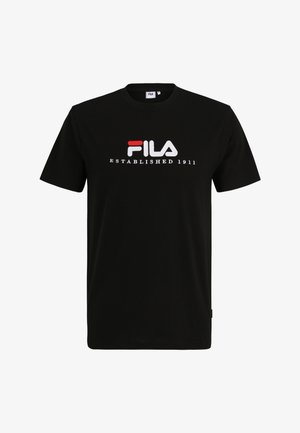 Schwarzes Baumwoll-T-Shirt mit einem gestickten Logo in Rot und Weiß, darunter der Text "ESTABLISHED 1911". Klassisches Rundhalsausschnitt-Design.