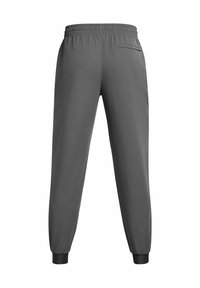 Graue Hose mit einem elastischen Bund, schmal zulaufenden Beinen und taillierten Bündchen. Verfügt über eine einzelne Gesäßtasche und einen glatten, leichten Stoff.