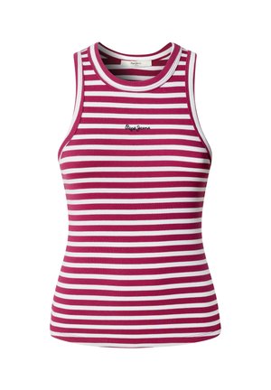 Gestreepte tanktop in magenta en wit, gemaakt van geribbelde stof. Voorzien van een ronde halslijn en een klein geborduurd logo op de borst.