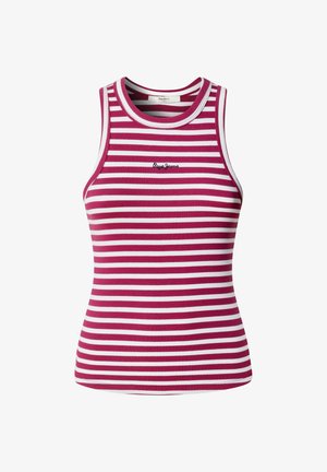 Varrvilise kangaga triibuline top magenta ja valge toonides. Omab ümmargust kaelust ja väikest tikitud logo rinnal.