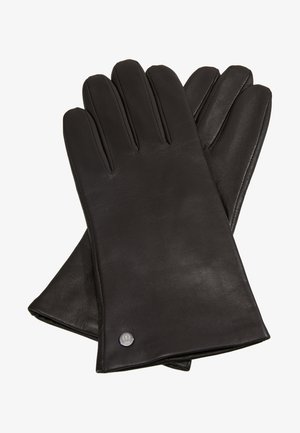 Black leather gloves with five fingers, smooth texture, and a small silver logo on the wrist area. Classic design, fitted shape.