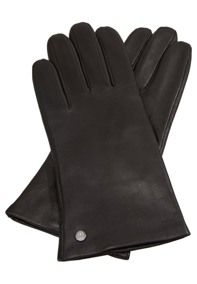 Guanti di pelle nera con cinque dita, texture liscia e un piccolo logo argento nella zona del polso. Design classico, forma aderente.