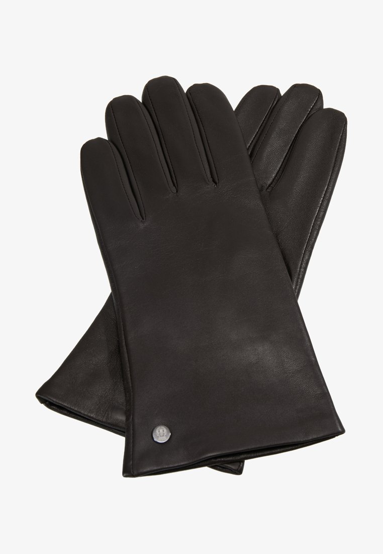 Schwarze Lederhandschuhe mit fünf Fingern, glatter Textur und einem kleinen silbernen Logo im Handgelenkbereich. Klassisches Design, taillierte Form.