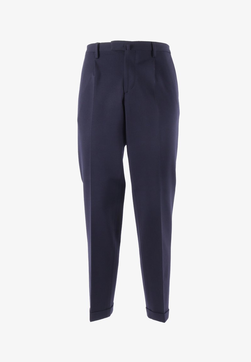 Pantaloni su misura blu navy con piega anteriore, passanti per cintura, tasche laterali e orli risvoltati, mostrati su sfondo bianco.