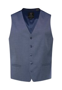 Gilet a quadri blu con scollatura a V, sei bottoni, due tasche frontali e una fodera in tessuto liscio. Il design presenta una texture sottile e una forma sartoriale.