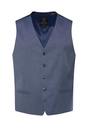 Chaleco de cuadros azules con escote en V, seis botones, dos bolsillos frontales y un forro de tela suave. El diseño presenta una textura sutil y una forma entallada.