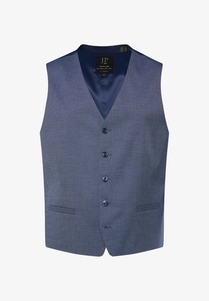 Modrá kostkovaná vesta s výstřihem do V, šesti knoflíky, dvěma předními kapsami a hladkým podšívkou. Design obsahuje jemnou strukturu a přizpůsobený tvar.