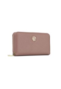 Portafoglio rettangolare in pelle mauve strutturato con accentuazione del logo dorata e chiusura con zip lungo un lato. Design liscio e slanciato.