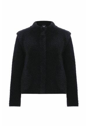 Schwarze, strukturierte Jacke mit Stehkragen und Knopfverschluss vorne. Lange Ärmel und ein weicher, flauschiger Stoff mit gemusterter Oberfläche.