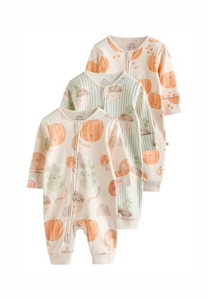 Trois grenouillères pour bébé en coton doux. Illustrations ludiques de citrouilles, glands et feuilles. Couleurs : crème, orange, vert menthe et beige.