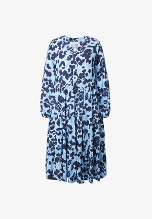 Vestito blu a strati con motivo astratto color navy, scollo a V, maniche lunghe e texture arricciata. Realizzato in tessuto leggero.