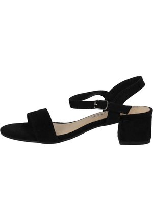 Sandali con tacco in suede neri con cinturino alla caviglia e punta quadrata. Presentano un tacco blocco e una fodera interna liscia. Design minimalista.
