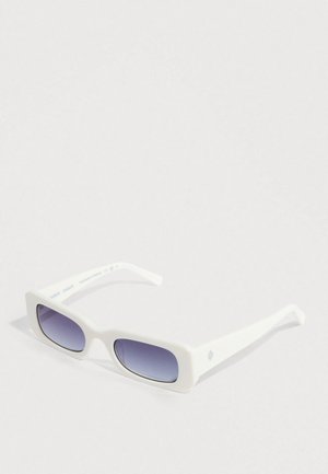 White rectangular sunglasses with gradient purple lenses and smooth, matte texture. Features slim arms with subtle branding detail.