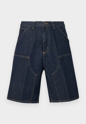 Σκούρα μπλε τζιν σορτς με εμπρόσθιες και πλαϊνές τσέπες, θηλιές για ζώνη και κούμπωμα με κουμπί στη μέση.