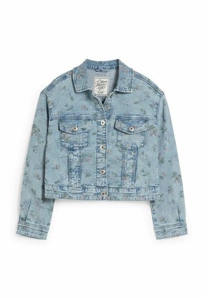 Lyseblå denimjakke med blomsterprint, kort model, to brystlommer og sølvfarvede knapper. Glat tekstur, lange ærmer.