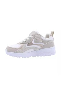 Sneaker con una combinazione di materiali beige e bianchi, dotato di una finitura testurizzata, lacci e colletto imbottito. Suola spessa bianca con motivi.