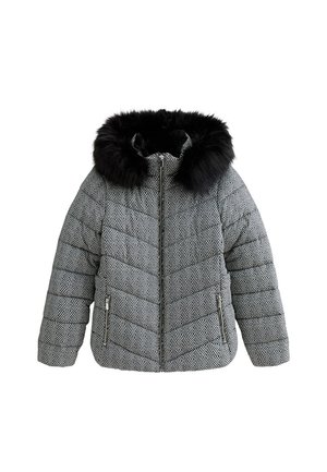 Giacca imbottita in motivo herringbone, bianco e nero, con cappuccio in finta pelliccia nera. Caratterizzata da una zip frontale e tasche laterali.