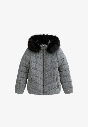 Gevoerd jack in een visgraatpatroon, zwart en wit, met een zwarte nepbontkap. Voorzien van een ritssluiting aan de voorkant en zijzakken.