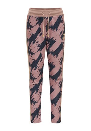 Pink og sort joggebukser med abstrakt mønster, beige snørelinning og guldlogo på øvre venstre lår.