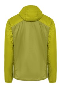 Veste à capuche vert clair à manches longues, vue de dos, avec un tissu lisse et légèrement brillant.