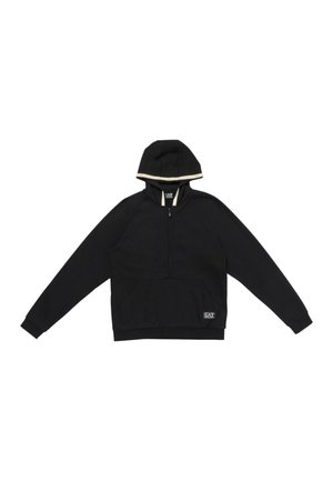 Felpa nera con cappuccio, tasca a marsupio sul davanti, chiusura con zip a metà e patch con logo EA7 sull'orlo e sulla rifinitura del cappuccio.