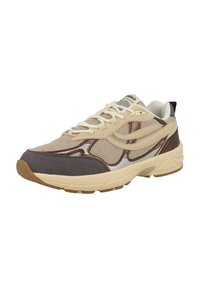 Beige and grey athletic shoe with mesh and suede materials, featuring a layered design, rubber sole, and contrasting accents.
