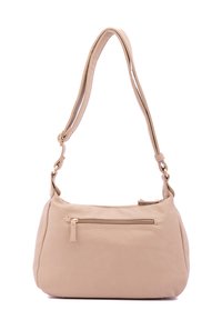 Borsa a spalla in pelle beige con finitura testurizzata, una tracolla regolabile singola e una tasca frontale con cerniera. Forma compatta e snella.