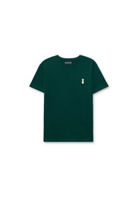 Camiseta de algodón verde con un pequeño gráfico de piña de color claro en el lado izquierdo del pecho. Cuello redondo y mangas cortas.