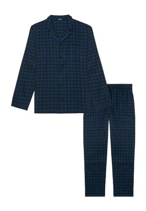 Karierte Loungewear-Set mit einem Button-Up-Shirt mit Tasche und passenden elastischen Bundhosen in dunkelblauen und grünen Farbtönen.