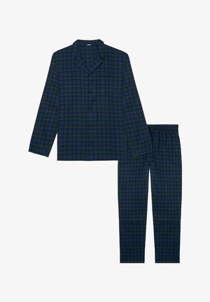 Zestaw odzieży wierzchniej w kratę, składający się z rozpinanej koszuli z kieszonką oraz dopasowanych spodni na elastycznym pasie w ciemnoniebieskich i zielonych odcieniach.