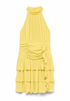 Vestido amarillo sin mangas con halter, cintura fruncida, falda de volantes en capas y escote alto.