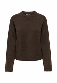 Dunkelbrauner Rundhalsausschnitt-Pullover mit langen Ärmeln und einem lockeren, leicht verkürzten Schnitt, vor einem weißen Hintergrund präsentiert.
