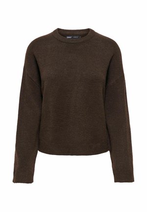 Maglione marrone scuro a girocollo con maniche lunghe e un fit rilassato, leggermente corto, esposto su uno sfondo bianco.