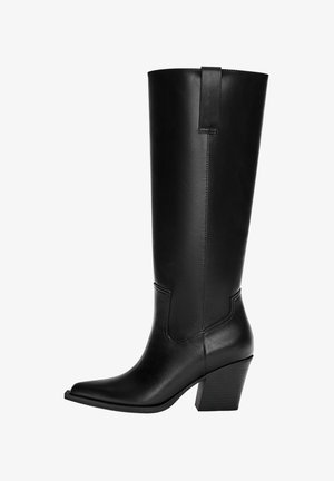 Knee-high black leather boots with a pointed toe, block heel, and a seam detail on the side. Includes a rear pull tab for easy wear.