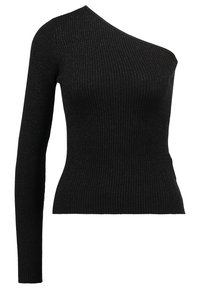 Maglione nero a coste con una manica lunga e scollo asimmetrico. Realizzato in materiale testurizzato con un leggero effetto lucido.