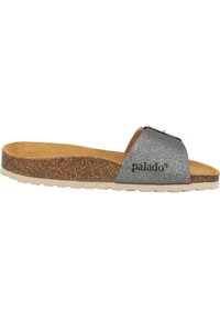 Slide sandal with a sparkly gray upper and a metallic buckle. Natural cork footbed, tan suede insole, and a light rubber outsole.